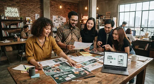 Tim art director dan creative strategist Jiwa Muda sedang review moodboard kampanye di studio
