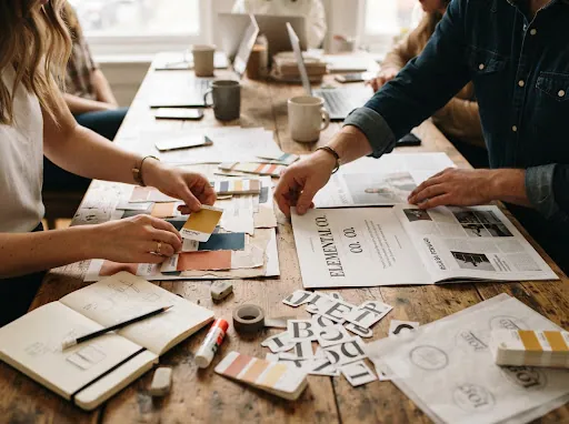 Workshop strategi brand: art director menyusun color swatch dan poster tipografi di meja kayu