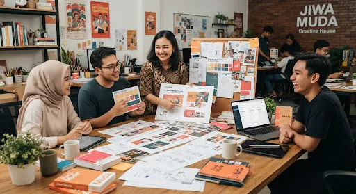 Sesi art direction dengan cetakan layout, palet warna, dan diskusi arah visual kolektif desain